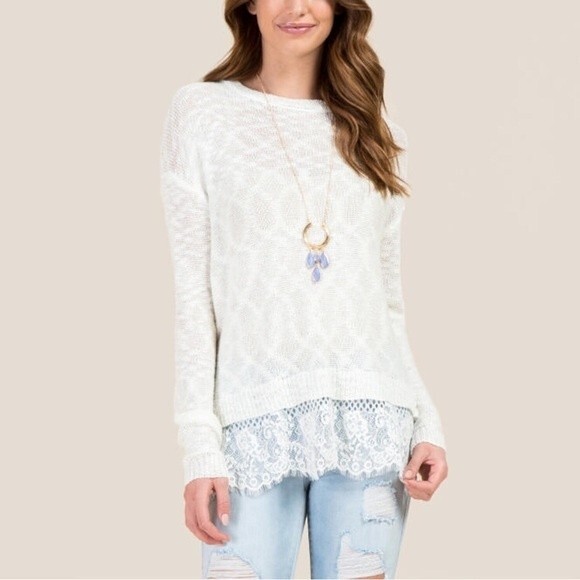 Alya Womens White Georgia Knit Long Sleeve Crew Lace Detail Sweater Femme Boho - Picture 1 of 10